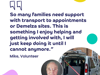 Quote from volunteer Mike about helping families with transport; includes colourful shapes and a photo of Mike and a Demelza transport van.